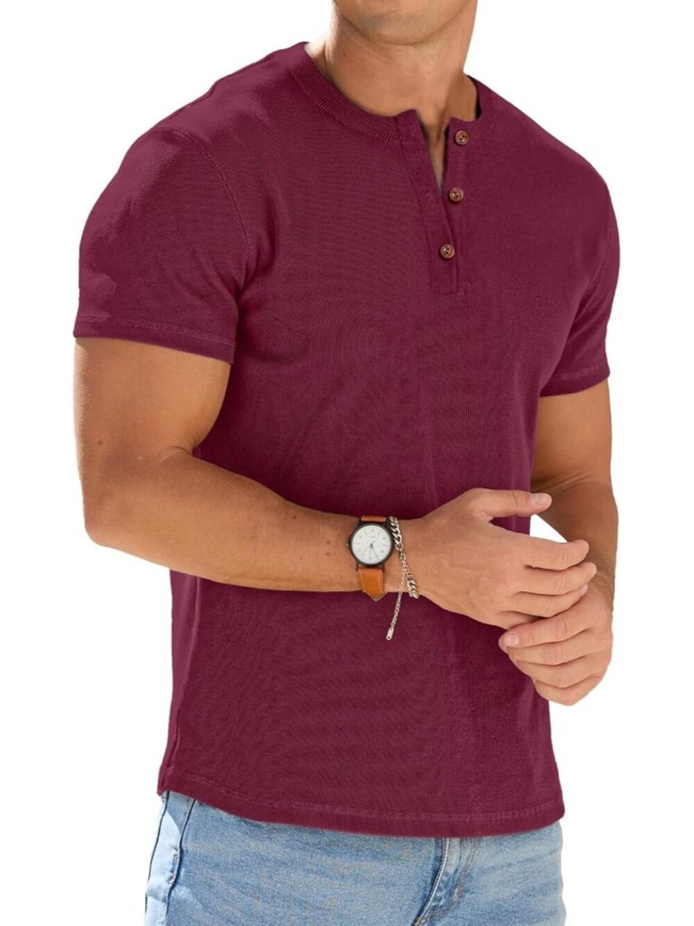 Men's Red Muscle Henley Workout Athletic Short Sleeve Slim Fit Lightweight Shirt